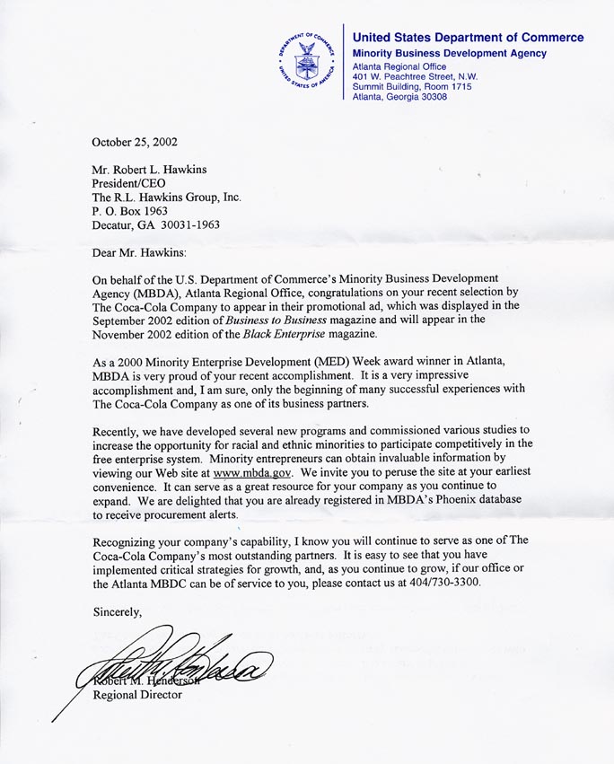 U.S. Department of Commerce Minority Business Development Agency congratulatory letter
