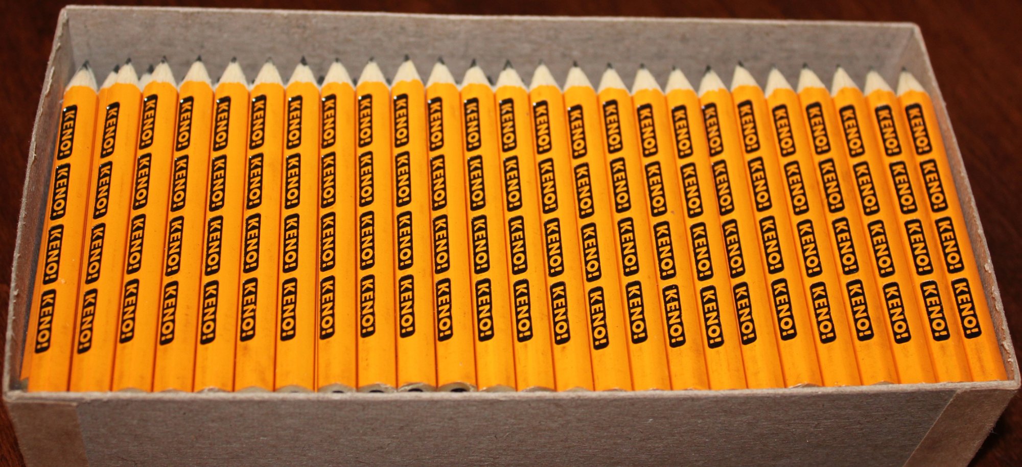 Custom imprinted Keno pencils in corrugated box, supplied by The R. L. Hawkins Group